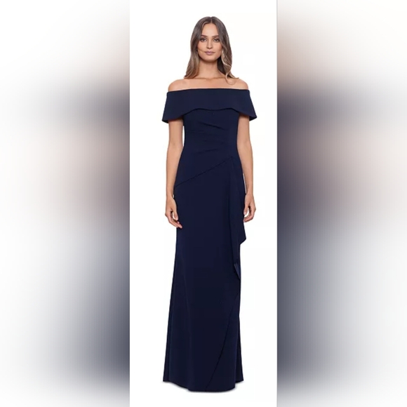 Xscape  Long Scuba Off The Shoulder Dress NWT Size 14 Navy Blue - Picture 1 of 5